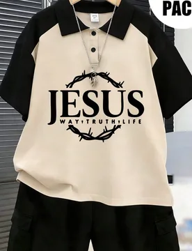 Pcs/Set Conjunto de Camisa Polo de Manga Corta y Pantalones Cortos de Moda para Niños, Estampado con Patrón de Letras "JESUS", Adecuado para Uso Dia - Shein - FashionsVida