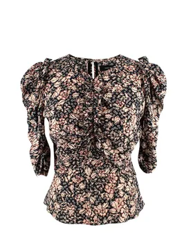 Black Floral Puff Sleeve Silk Blouse - Isabel Marant - FashionsVida