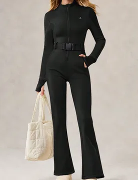 Mono de esquí para mujer para exteriores, ropa térmica de invierno para esquí y uso diario, con forro cepillado, perneras acampanadas, cremallera f - Shein - FashionsVida