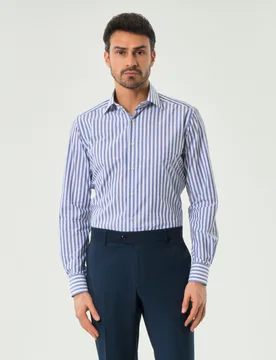 Camicia a righe bianche e celesti in popeline di puro cotone effetto fiammato tailor fit - Xacus - FashionsVida