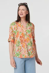 Women's Floral Print 3/4 Sleeve Blouse in Orange Size: 14 - Orange - Size: 14