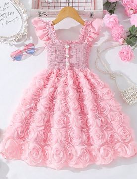 Vestido de verano elegante para niña con volantes y aplicación floral en unicolor