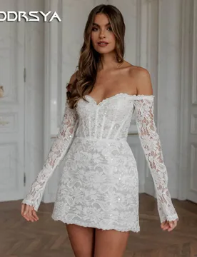 RODDRSYA Glitter Sequined Lace Wedding Dress vestidos de novias 2024 Mini Boho Long Sleeves Bridal Dresses Off Shoulder Civil - Aliexpress - FashionsVida