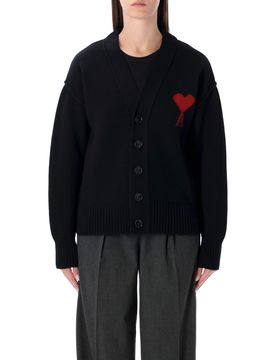 Men's V-Neck Wool Cardigan with Ami OF Coeur Intarsia