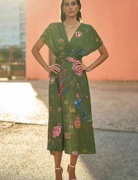 Women's Green Bird & Floral Print Ruched Waist Kimono Midi Dress Size: 14 - Green - Size: 14 - Yumi - FashionsVida