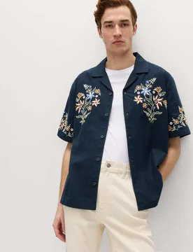 Relaxed Fit Cotton Rich Embroidered Short Sleeve Shirt Navy Mix male - M&S - FashionsVida