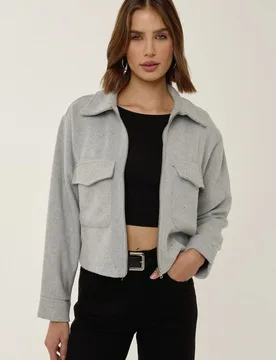 Womens Zippered Jacket With Shirt Collar - Grey - Hiccup - FashionsVida