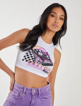 Womens Graphic Printed Cropped Vest - White - Size Medium - Pink Vanilla - FashionsVida
