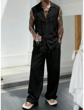 Traje casual de lino ligero para hombre para exteriores, conjunto de chaleco de moda, camisa con cuello y pantalones, para deportes de verano - Shein - FashionsVida