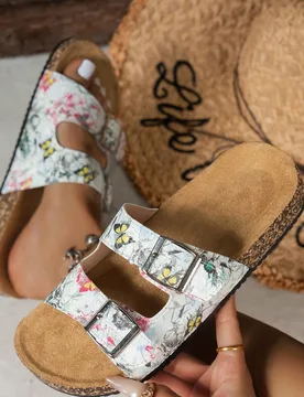 Diseño de doble hebilla vintage + suela de corcho suave, punta abierta transpirable, adecuado para uso en exteriores e interiores, se adapta a varios - Shein - FashionsVida