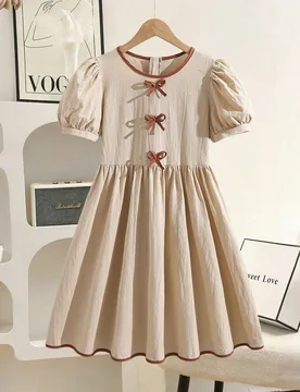 Vestido mini A-line a juego con fruncido, lindo color beige, para fiesta de té de verano, para niña preadolescente mayor, graduación, conjunto - Shein - FashionsVida
