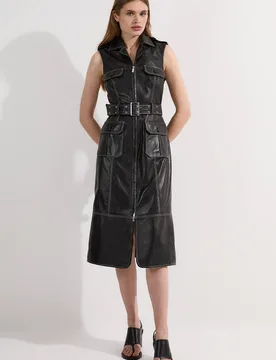 Women's Petite Leather Contrast Stitch Belted Sleeveless Midi Dress in Black Size: 6 - Black - Size: 6 - Karen millen - FashionsVida