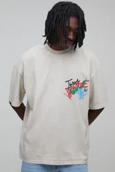 Herren Übergroßes Acid-Wash-T-Shirt Mit Graffiti-Aufdruck Ecru Größe Large