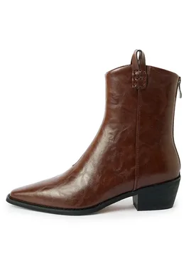 Arden Furtado Autumn Brown cowhide Short boots Square toe Back zipper Middle heel Western boots Large size Women's boots - Aliexpress - FashionsVida