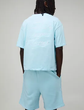 Mens Oversized Boxy Embroidered Luxury Yachts T-Shirt & Baggy Short Set - Blue Cotton - Size X-Small - boohooMAN - FashionsVida