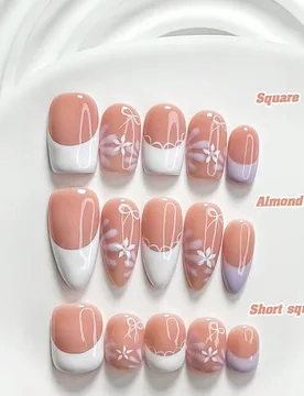 Piezas de uñas postizas hechas a mano de estilo suave, decoración de arte de uñas pintada a mano con flores y lazos, esmalte de uñas blanco y púr - Shein - FashionsVida