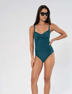 Womens Rib Pleated Potenza Swimsuit In Green Lagoon With Adjustable Straps - Size 8 Uk - Panos Emporio - FashionsVida