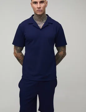 Men's Tall Short Sleeve Jersey Herringbone Regular Polo Shirt & Short Set Navy Size Medium Navy M - boohooMAN - FashionsVida