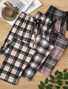 Conjunto de 3 piezas de pijama de mujer con pantalones a cuadros de moda, ropa de otoño e invierno - Shein - FashionsVida