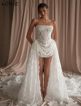 LORIE 3D Flower Hi-Lo Wedding Dresses Pleat Strapless Boho Party Gowns Backless Mermaid Bridal Gown vestidos de noviaCustomized - Aliexpress - FashionsVida