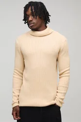 Herren Tall Basic Muscle Fit Gerippter Rollkragen-Pullover Sand Größe 2XL