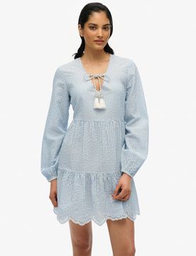 Superdry Damen Gestuftes Minikleid mit Lochstickerei Light Blue - Größe: 38