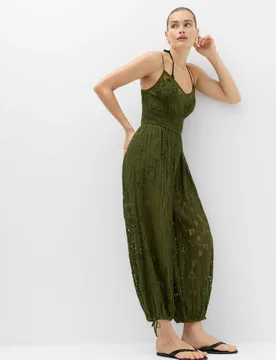 Cotton Rich Lace Balloon Jumpsuit Fern Green female - M&S - FashionsVida