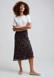 Poppy Bias Cut Aster Print Midi Skirt In Brown - 8