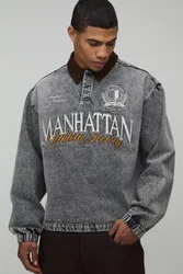 Herren Stonewash Besticktes Oversized Varsity Denim Rugby Hemd Größe Medium
