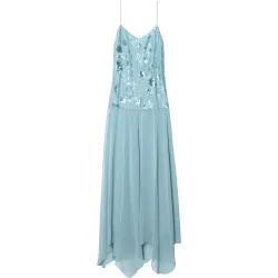 Vestido largo con cuerpo de bordados y gasa