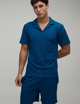 Men's Jersey Textured Ribbed Slim Fit Polo & Relaxed Short Set Navy Size X-Small Navy XS - boohooMAN - FashionsVida