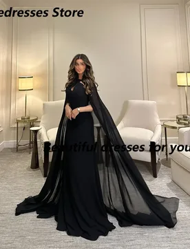 Black Chiffon Evening Dress Customized Halter Cape Floor Length A Line Formal Wedding Guest Gown Formal Occasion Dresses - Aliexpress - FashionsVida