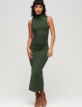 Superdry Damen Jersey-midikleid mit Raffung Grün - Größe: 44