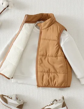 Chaleco acolchado con forro polar para niño joven, color liso, versátil y cómodo, cuello redondo, chaqueta de invierno - Shein - FashionsVida