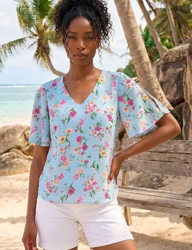 Women's Floral Print Angel Sleeve Top in Light Blue Size: 16 - Light Blue - Size: 16 - Roman - FashionsVida