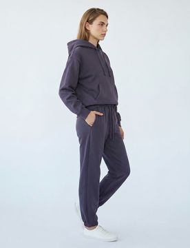 Felpa hoodie con tasca e scritta ricamata - steel blue