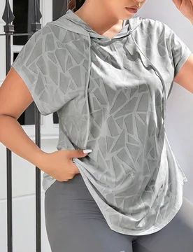 Camiseta deportiva con capucha, manga corta, cintura con cordón y estampado geométrico para mujer de talla grande. Parte superior suelta para hacer - Shein - FashionsVida