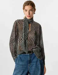 Spot Print Scarf Neck Blouse Black Mix female