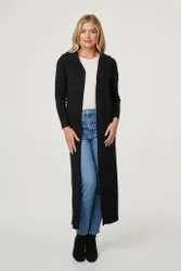 Womens Black Hooded Open Front Longline Coat - Size 8 Uk
