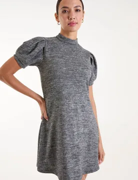 Women's Puff Sleeve Smock Dress in Charcoal Size: Medium - Charcoal - Size: M - Blue Vanilla - FashionsVida