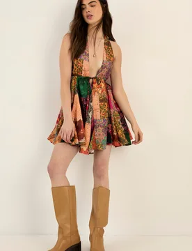 Womens Cotton Voile Patchwork Halter Neck Tie Front Godet Mini Dress - Multicolour - Size 12 Uk - Nastygal - FashionsVida