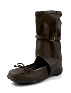 Arden Furtado Summer cowhide Hollow Mid-Calf boots Square toe bowknot Pull-on Middle heel Belt buckle Cool boots Large size - Aliexpress - FashionsVida
