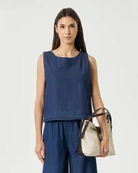 Top blu denim in chambray di cotone con zip sul retro