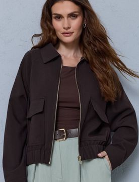 Giacca con colletto e chiusura con zip con viscosa - marrone