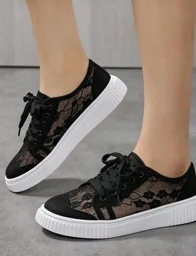Zapatillas deportivas ligeras y cómodas de encaje negro, elegantes y casuales, adecuadas para ir al trabajo y caminar, zapatos deportivos de ocio par - Shein - FashionsVida