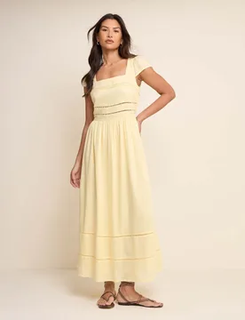 Linen Rich Square Neck Midaxi Skater Dress Yellow female - Nobody's Child - FashionsVida
