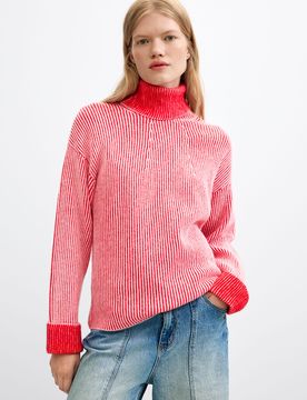 Pull à col roulé en maille côtelée, , Rouge, S