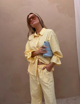 Pinstripe Studded Wide Leg Trousers Yellow Mix female - Never Fully Dressed - FashionsVida