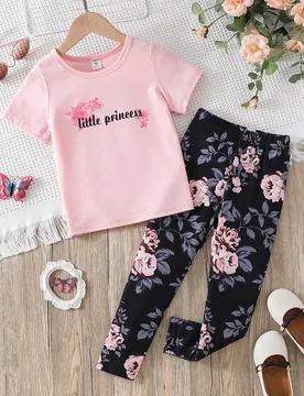 Joven Chica Camiseta Gráfica Floral Y Con Letras Y Leggings - Shein - FashionsVida