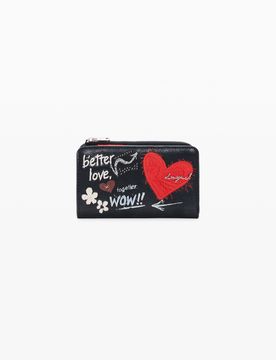 Porte-monnaie brodé moyen, , Polyamide, Noir, U